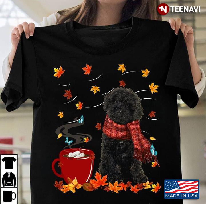 Poodle With Scarf Coffee And Autumn Leaves Happy Fall