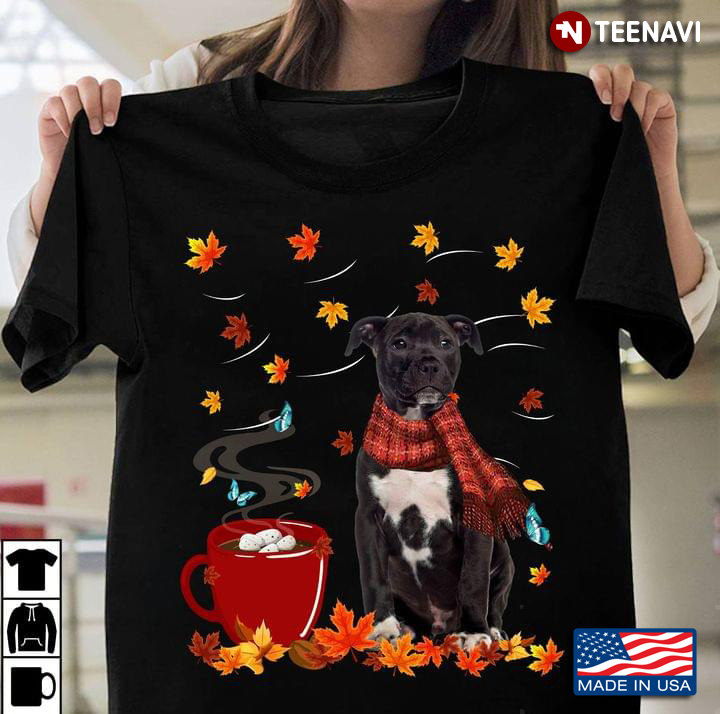 American Staffordshire Terrier With Scarf Coffee And Autumn Leaves Happy Fall