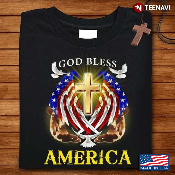 God Bless America Cross American Flag Wings And Doves