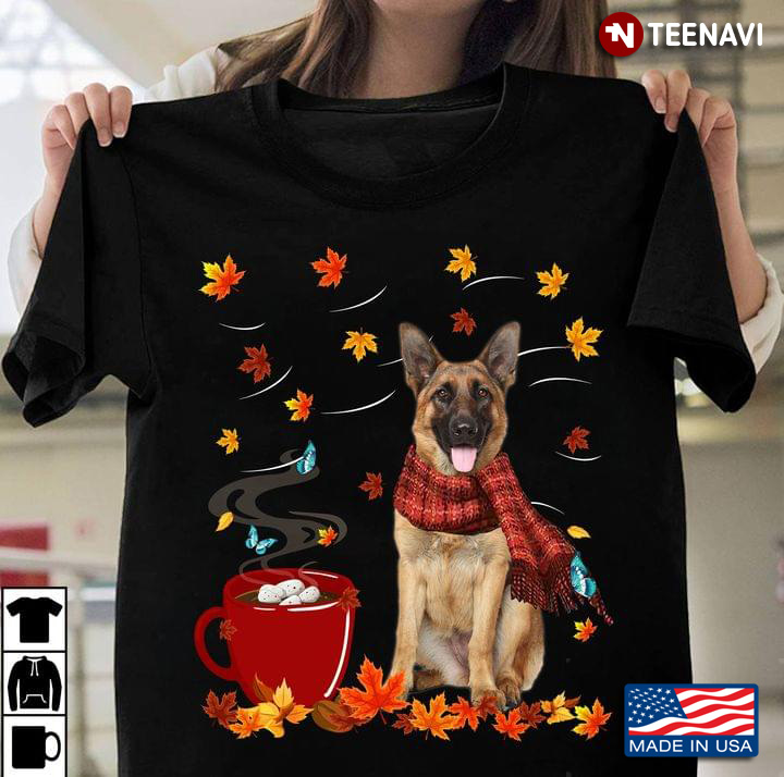 German Shepherd With Scarf Coffee And Autumn Leaves Happy Fall