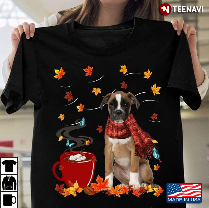 Boxer With Scarf Coffee And Autumn Leaves Happy Fall