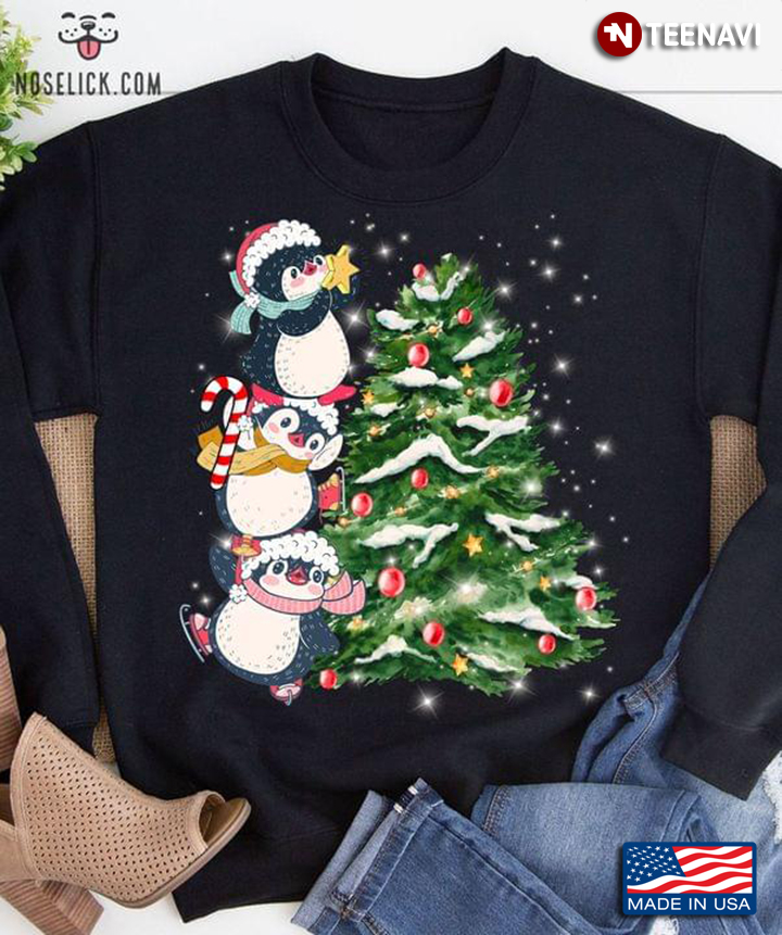 Funny Penguins With Santa Hat And Xmas Tree for Christmas
