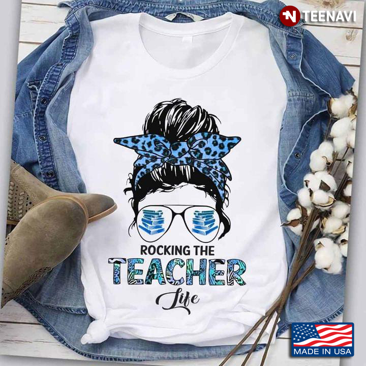 Rocking The Teacher Life Messy Bun Girl With Headband And Glasses Leopard