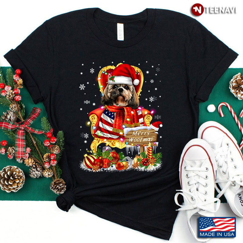 Merry Woofmas Shih Tzu With Santa Hat Sits On Throne for Christmas