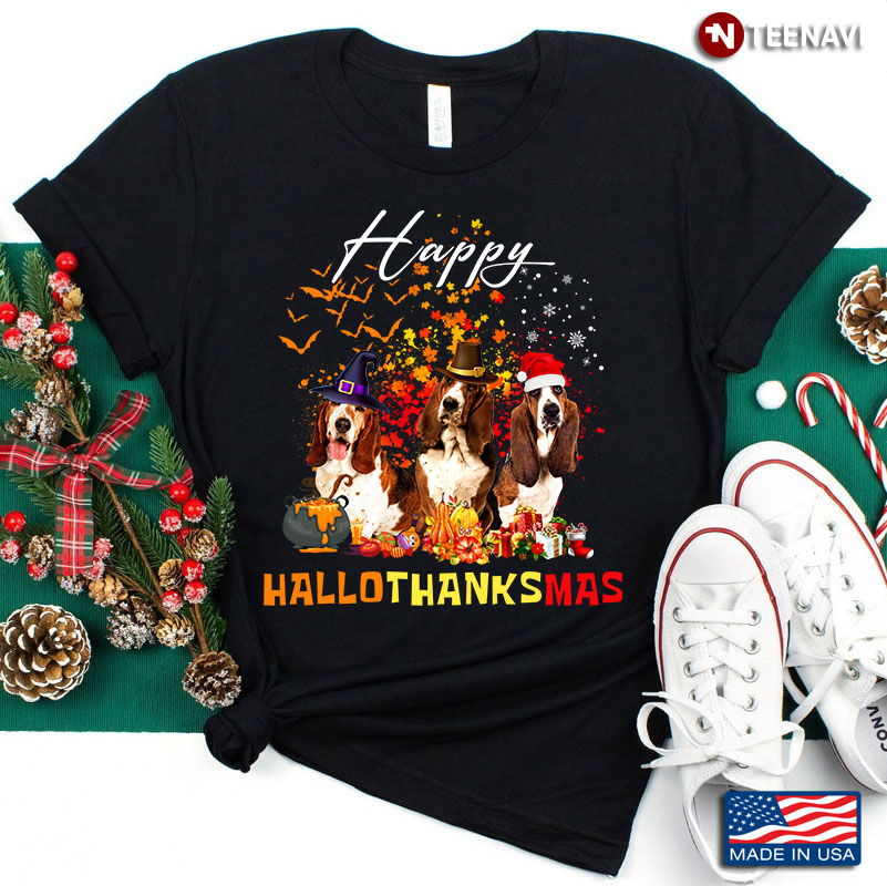 Happy HalloThanksMas Basset Hound Halloween Thanksgiving Christmas