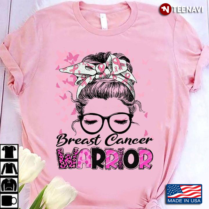Breast Cancer Warrior Messy Bun Girl Pink Ribbons