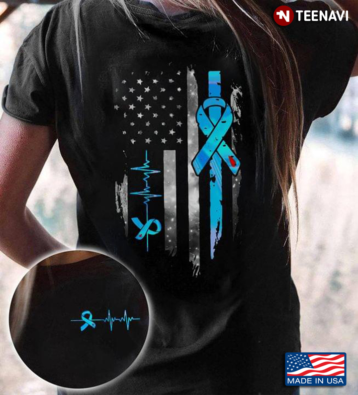 Diabetes Awareness Heartbeat Blue Ribbon Warrior American Flag
