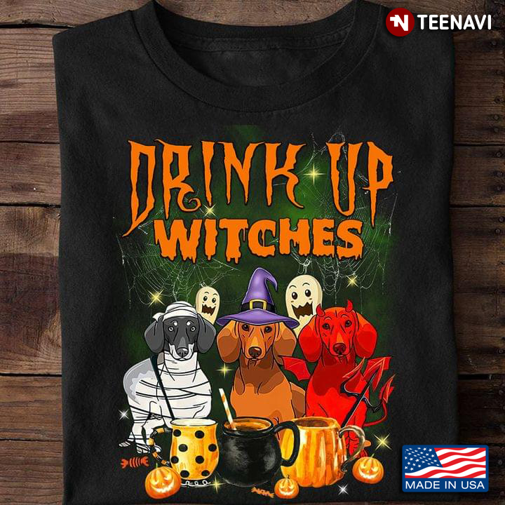 Dachshunds Drink Up Witches Halloween Costumes