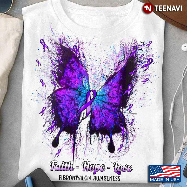 Faith Hope Love Fibromyalgia Awareness Purple Ribbon Butterflies Splash