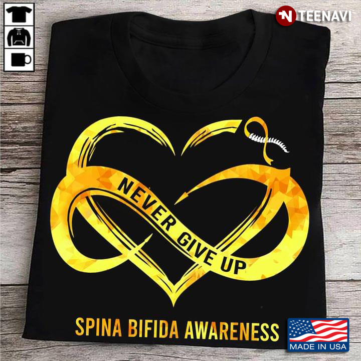Never Give Up Spina Bifida Awareness Yellow Ribbon Heart