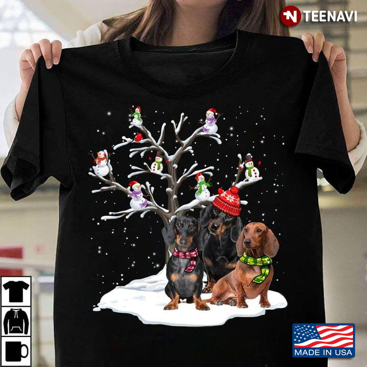 Cute Dachshunds With Snowman Christmas Tree Dog Lover Gift