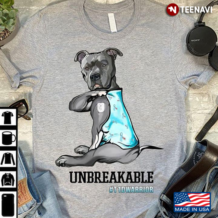 T1d Warrior Unbreakable Strong Pitbull With A Blood Sugar Test Tattoo Grey And Blue