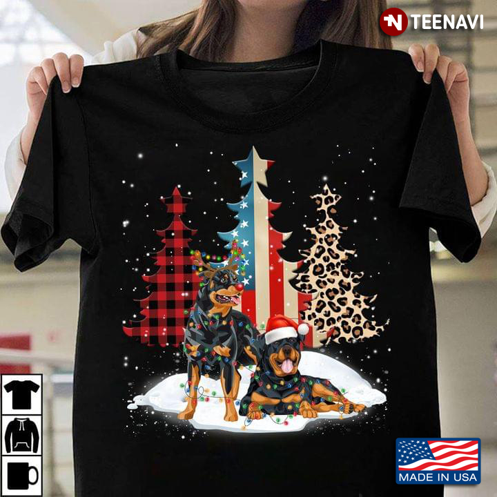 Merry Christmas Rottweilers Standing Beside Xmas Trees American Flag Leopard And Plaid Trees