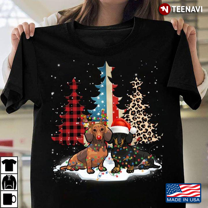 Merry Christmas Dachshunds Standing Beside Xmas Trees American Flag Leopard And Plaid Trees