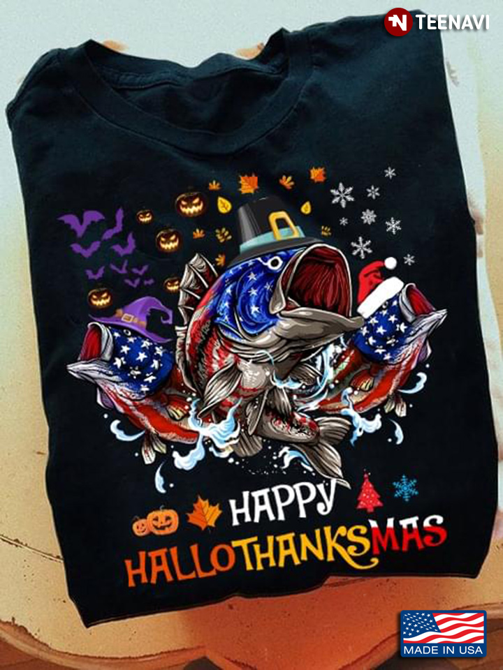 Happy Hallothanksmas Fish American Flag Fishing Halloween Thanksgiving