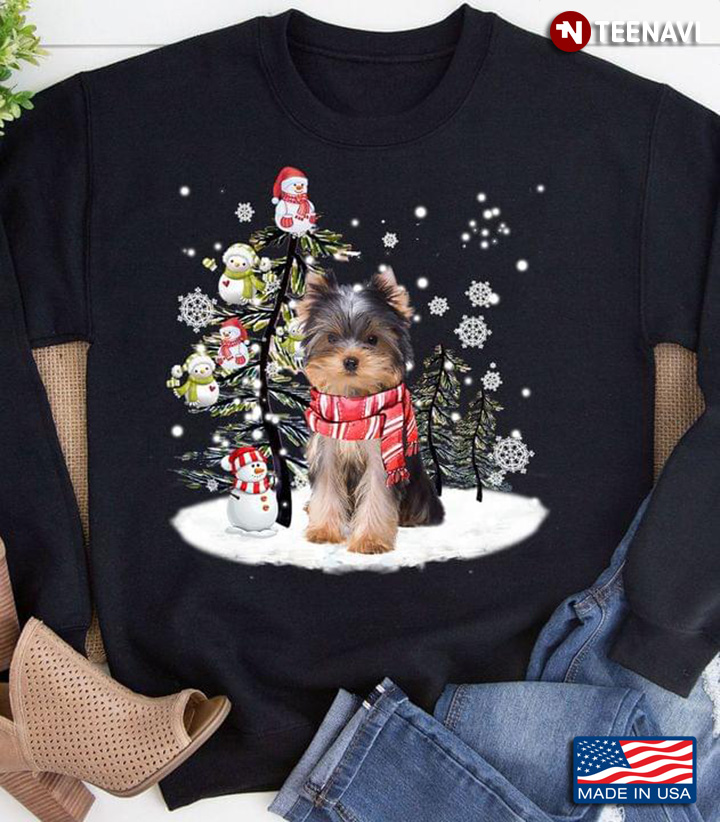 Yorkshire Terrier And Snowmans Christmas Tree Funny Dog Xmas