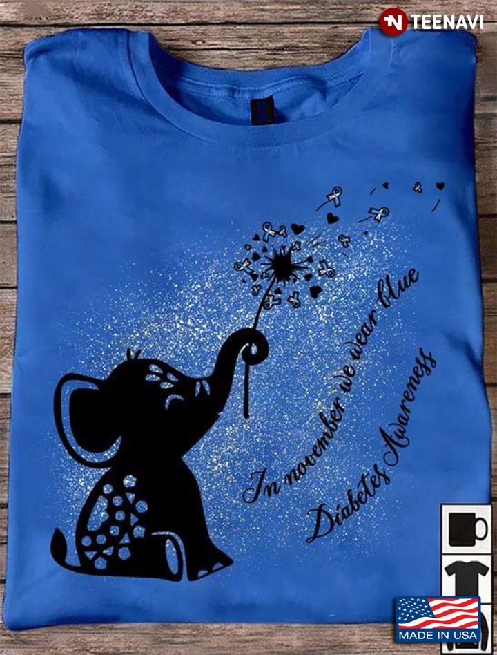 In November We Wear Blue Elephant And Flowers Diabetes Awareness