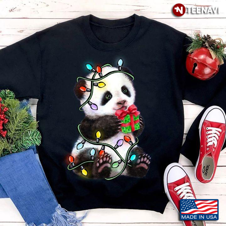 Cute Panda With Christmas Lights And Presents