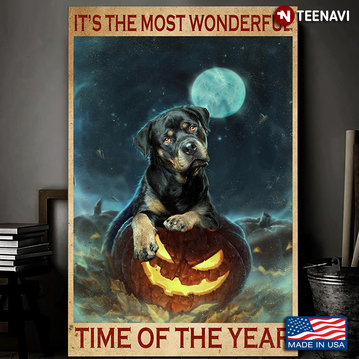 Vintage Rottweiler Dog & Halloween Jack-o’-lanterns Under The Moon It's The Most Wonderful Time Of The Year