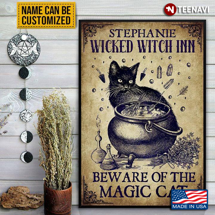 Vintage Customized Name Black Cat & Cauldron Wicked Witch Inn Beware Of The Magic Cat