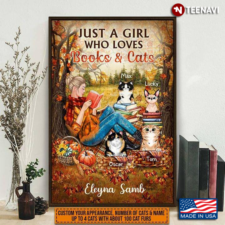 Vintage Customized Name Girl Sitting Against A Tree Reading Book & Cute Cats Around In Autumn Forest Just A Girl Who Loves Books & Cats