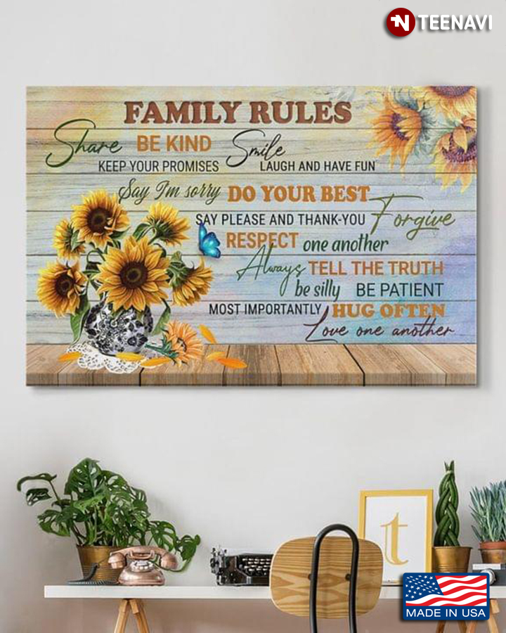 Vintage Blue Butterfly & Sunflowers Family Rules Share Be Kind Smile Keep Your Promises Laugh And Have Fun