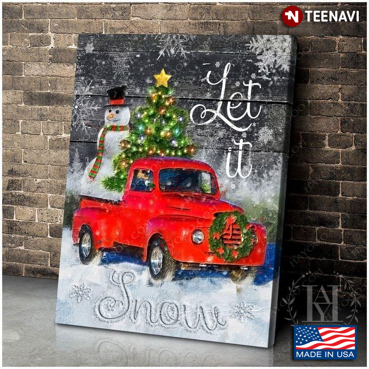 Vintage Christmas Time Red Truck Carrying Christmas Tree And Snowman Let In Snow