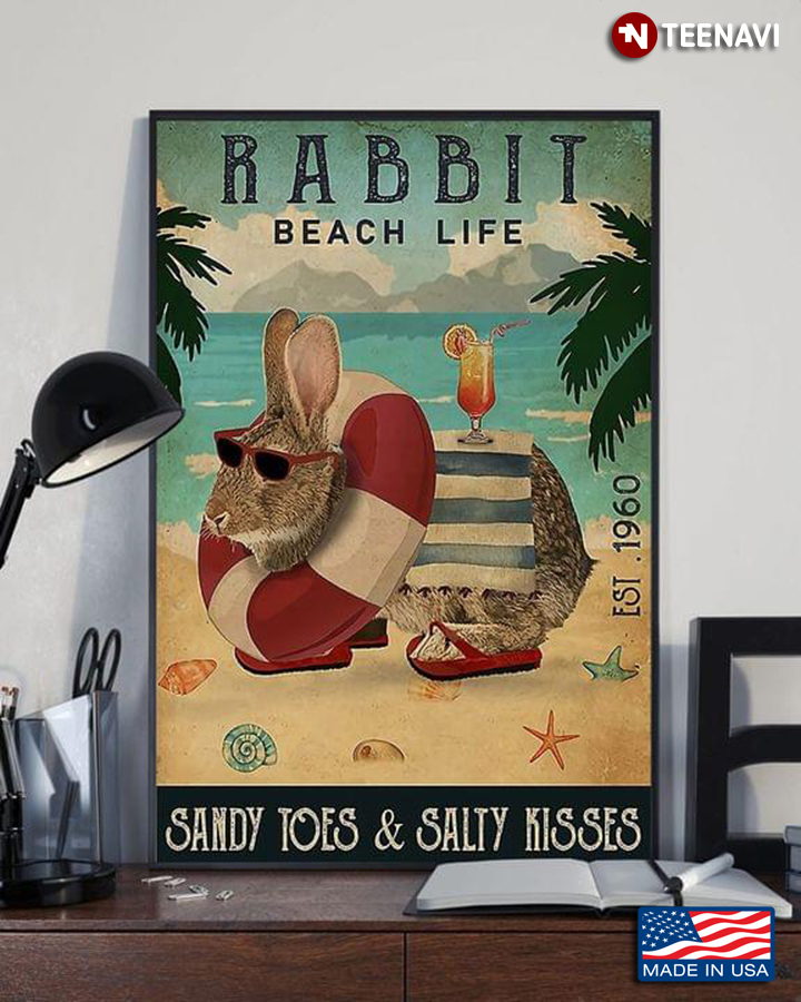 Vintage Rabbit With Swim Ring & Cocktail On Sandy Beach Rabbit Beach Life Sandy Toes & Salty Kisses