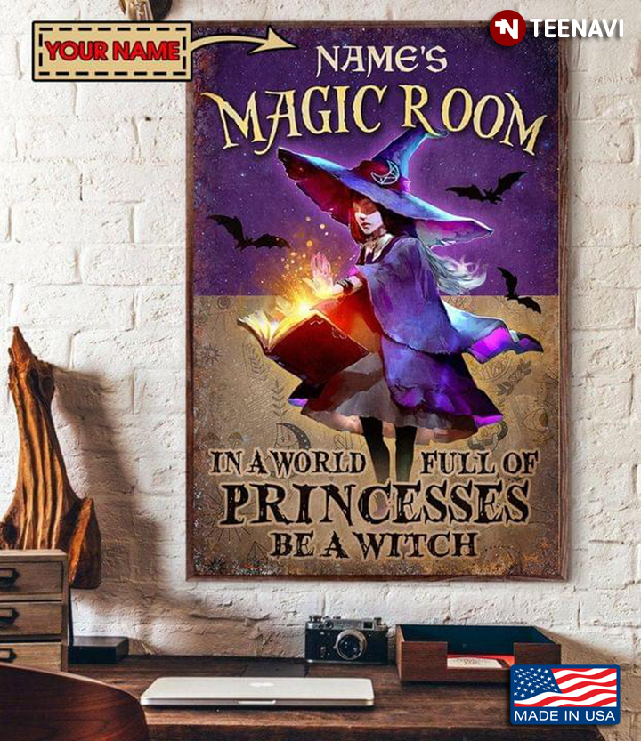 Vintage Customized Name Magic Room Purple Witch With Her Spell Book & Bats Flying Around In A World Full Of Princesses Be A Witch