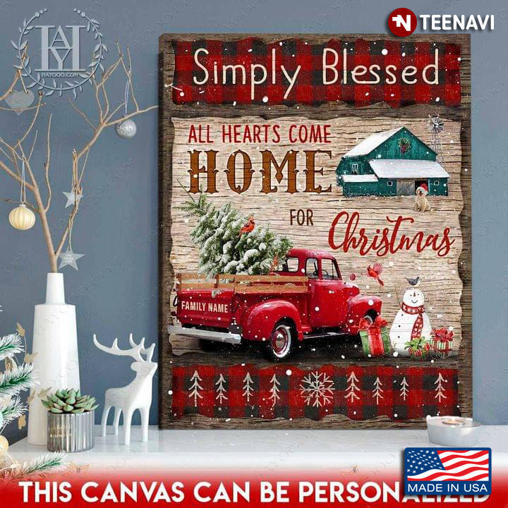 Personalized Family Name Red Truck Carrying Pine Tree With Cardinals & Dog Simply Blessed All Hearts Come Home For Christmas