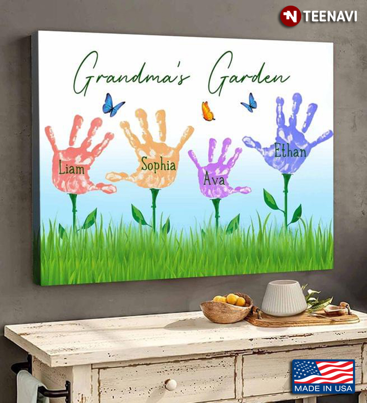 Personalized Name Butterflies Flying Around Colourful Handprint Trees Grandma’s Garden