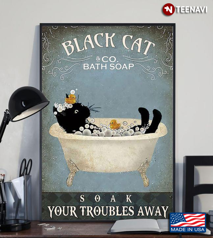 Vintage Black Cat Taking Bath In Bathtub With Rubber Ducks Black Cat & Co. Bath Soap Soak Your Troubles Away