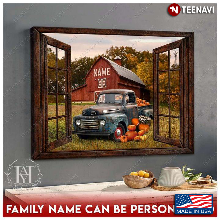 Personalized Name Barn Window Frame With Blue Truck And Pumpkins On Farm