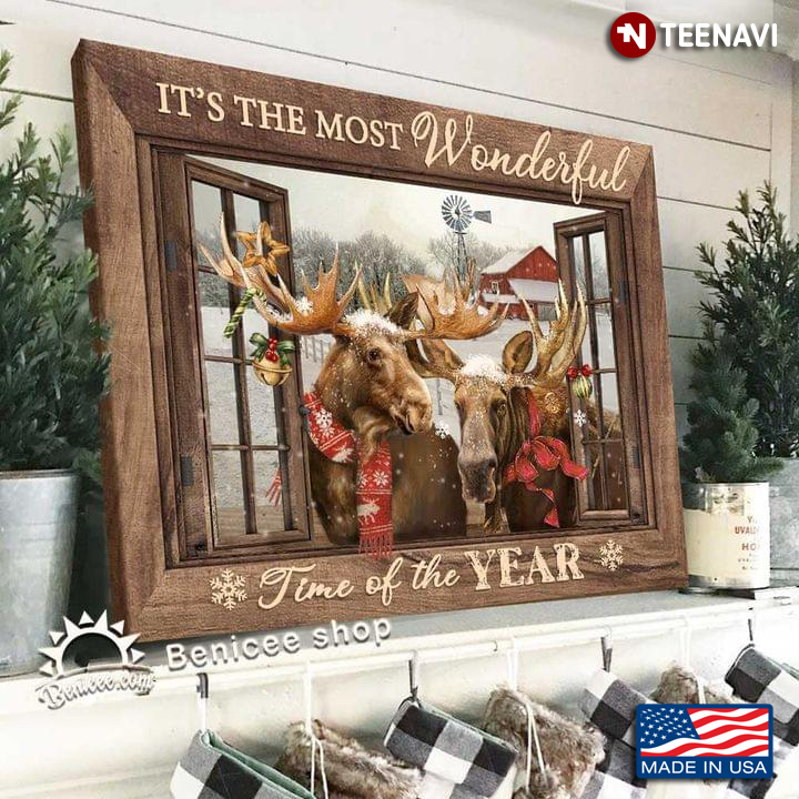 Wooden Window Frame With Couple Of Moose Wearing Red Scarf & Ribbon Christmas It’s The Most Wonderful Time Of The Year