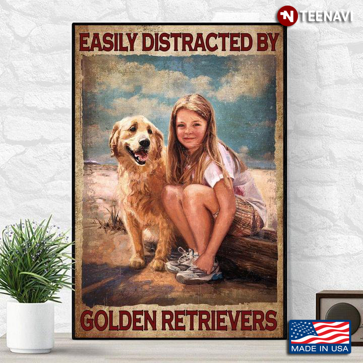 Vintage Smiling Girl With Her Dog Easily Distracted By Golden Retrievers