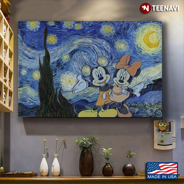 Smiling Mickey Mouse & Minnie Mouse In The Starry Night Vincent Van Gogh