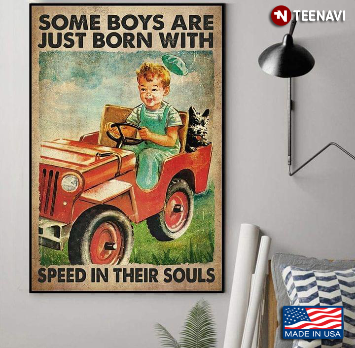 Vintage Smiling Boy Driving Toy Car & Carrying His Puppy Some Boys Are Just Born With Speed In Their Souls