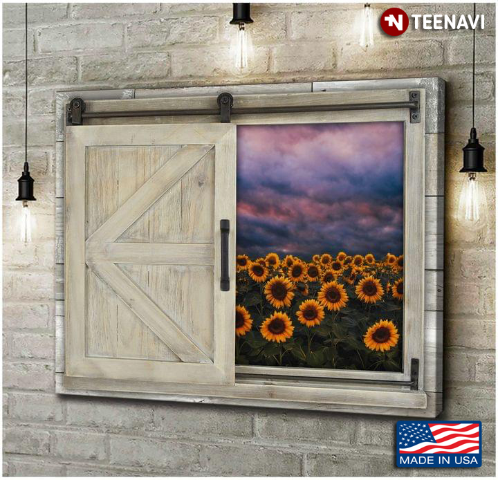 White Barn Window Frame With View Of Sunflower Field