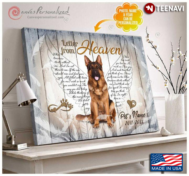 Personalized Photo, Name & Year German Shepherd Dog With Angel Wings & Paw Prints Letter From Heaven When Tomorrow Starts Without Me