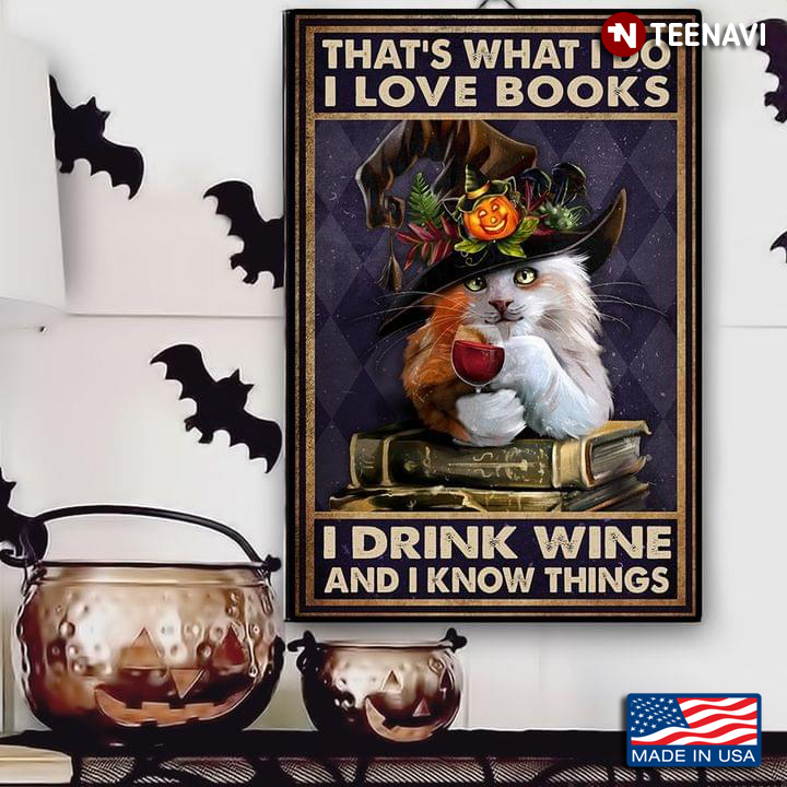 Vintage Fluffy Cat Wearing Halloween Witch Hat That's What I Do I Love Books I Drink Wine And I Know Things