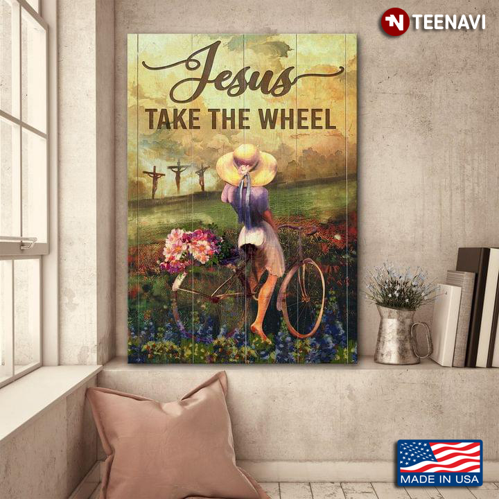 Vintage Girl With Big Hat Riding Bicycle & Carrying Flowers Jesus Take The Wheel