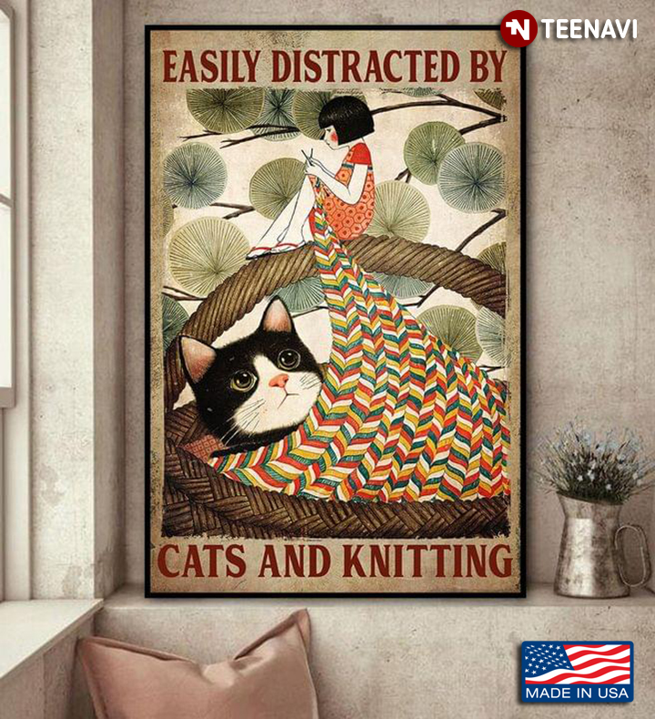Vintage Girl Knitting & Her Cat In The Basket Easily Distracted By Cats And Knitting