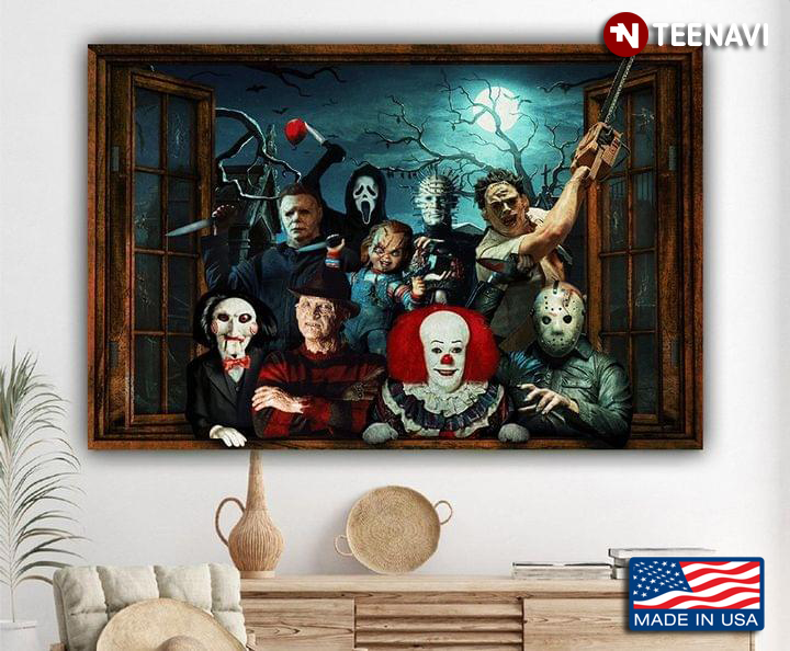 Wooden Window Frame With Horror Movies Characters