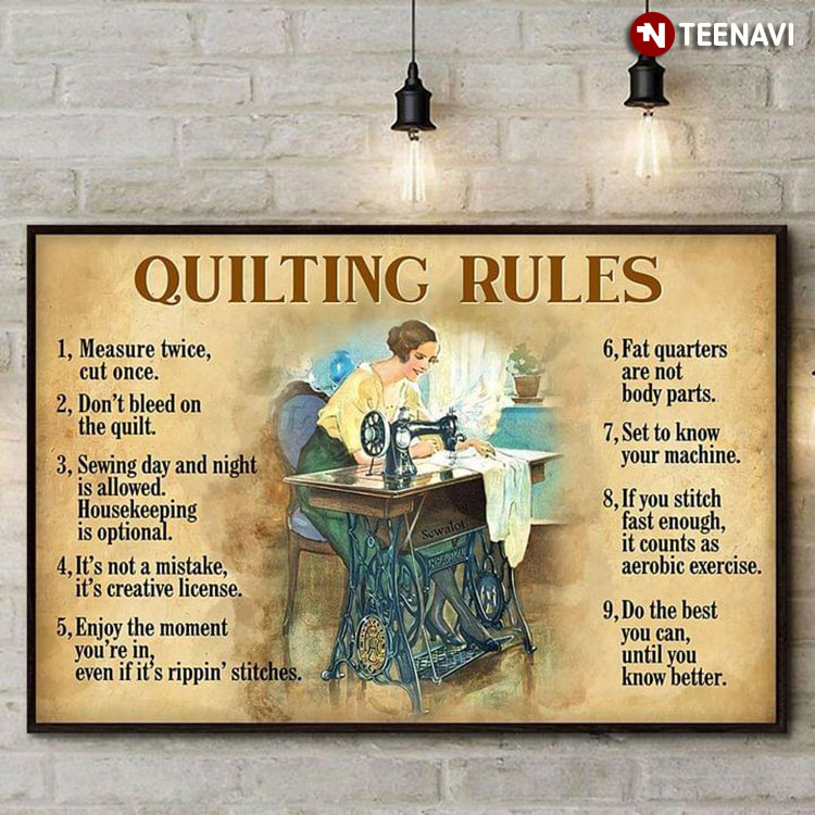 Vintage Smiling Girl With Sewing Machine Quilting Rules