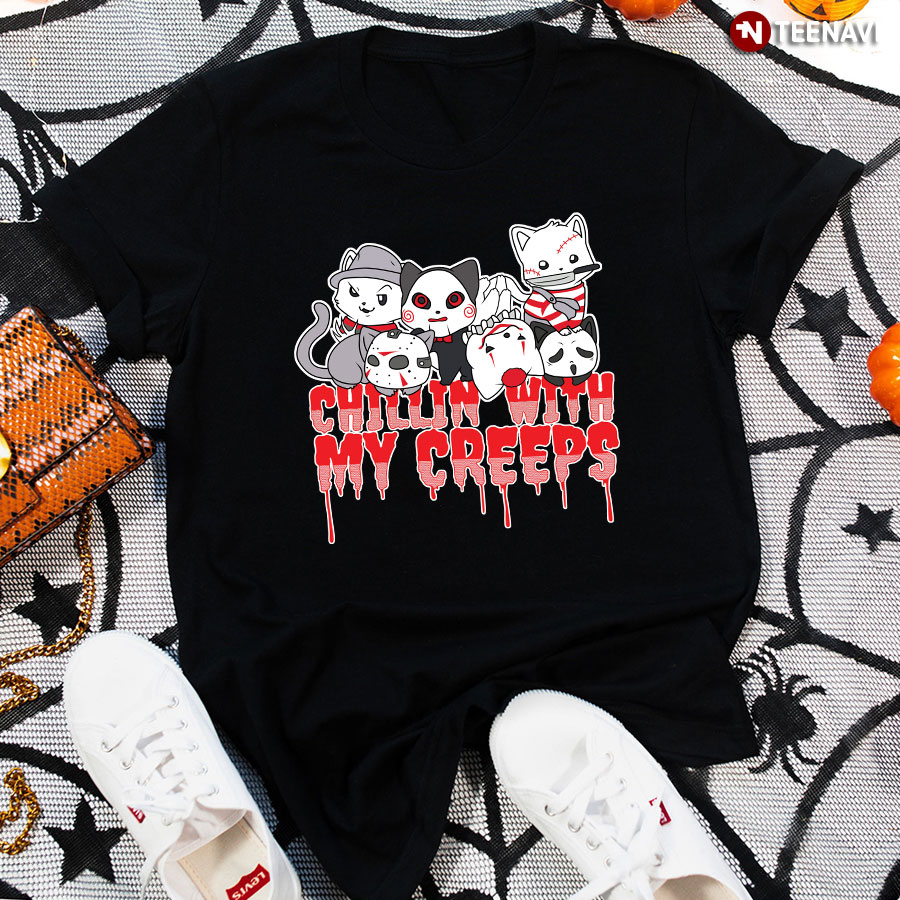 Horror Movies Characters Cats Chillin' With My Creeps for Halloween T-Shirt