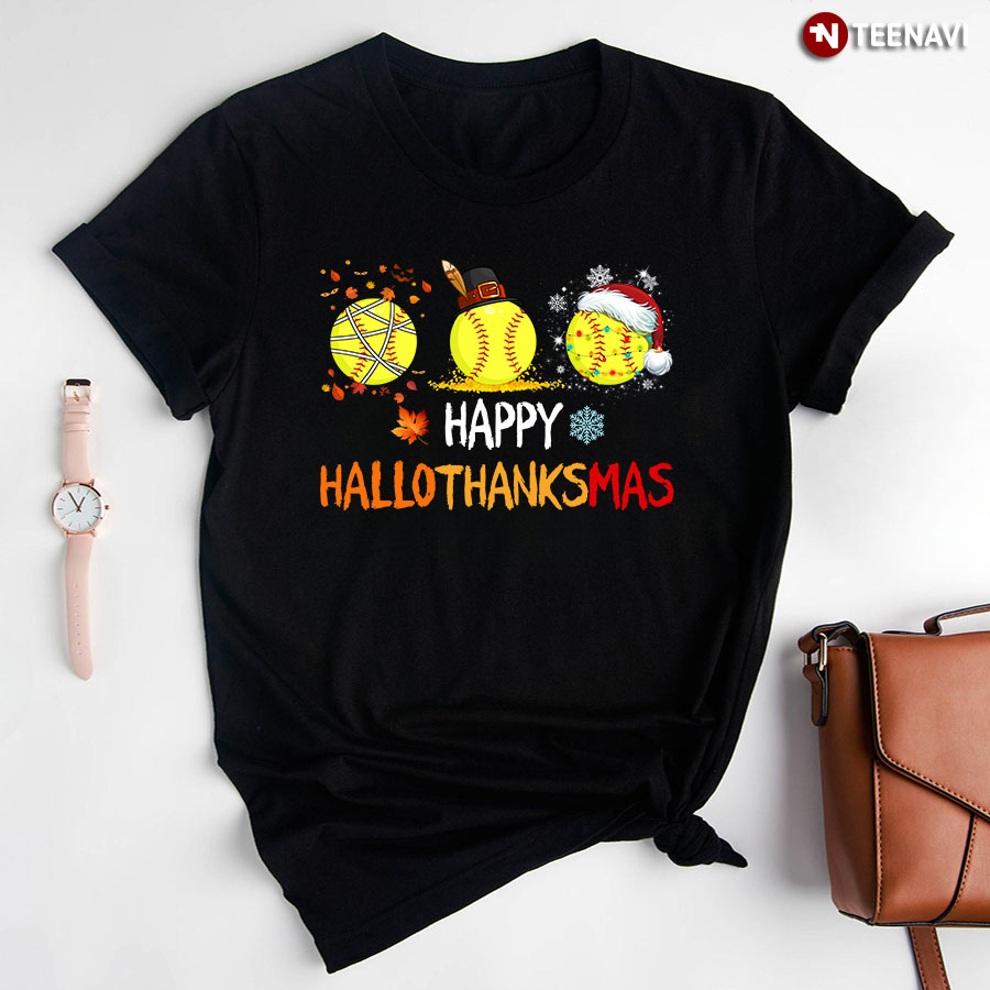 Happy HalloThanksMas Softball Halloween Thanksgiving Christmas Sports Lover T-Shirt