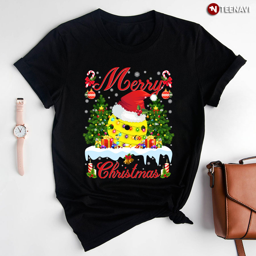 Merry Christmas Pickleball Ball With Santa Hat for Pickleball Lover T-Shirt