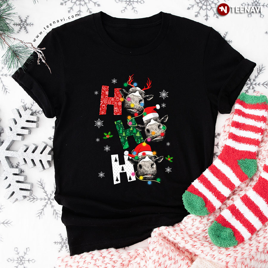 Ho Ho Ho Cows With Santa Hat And Reindeer Horns for Christmas T-Shirt