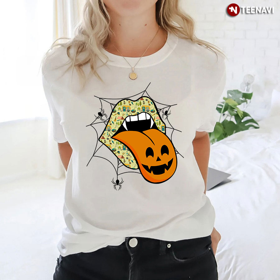 Funny Camping Lips With Pumpkin Tongue for Halloween T-Shirt