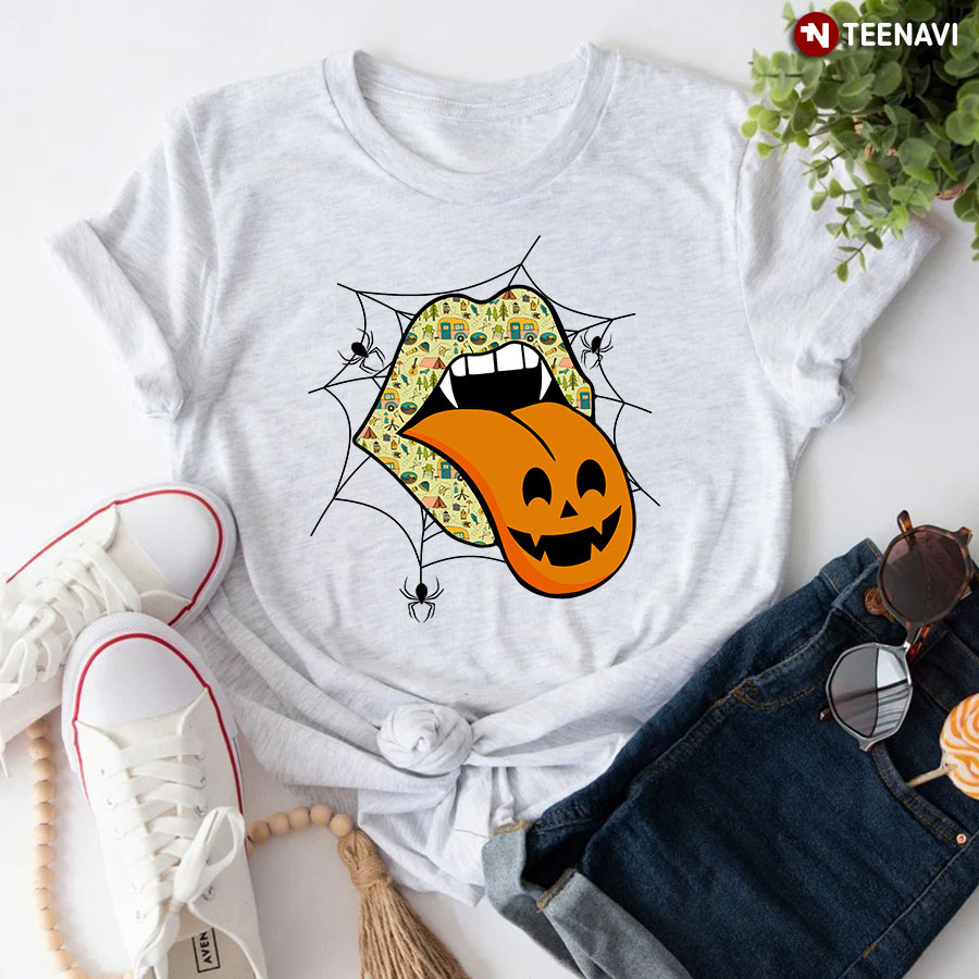Funny Camping Lips With Pumpkin Tongue for Halloween T-Shirt